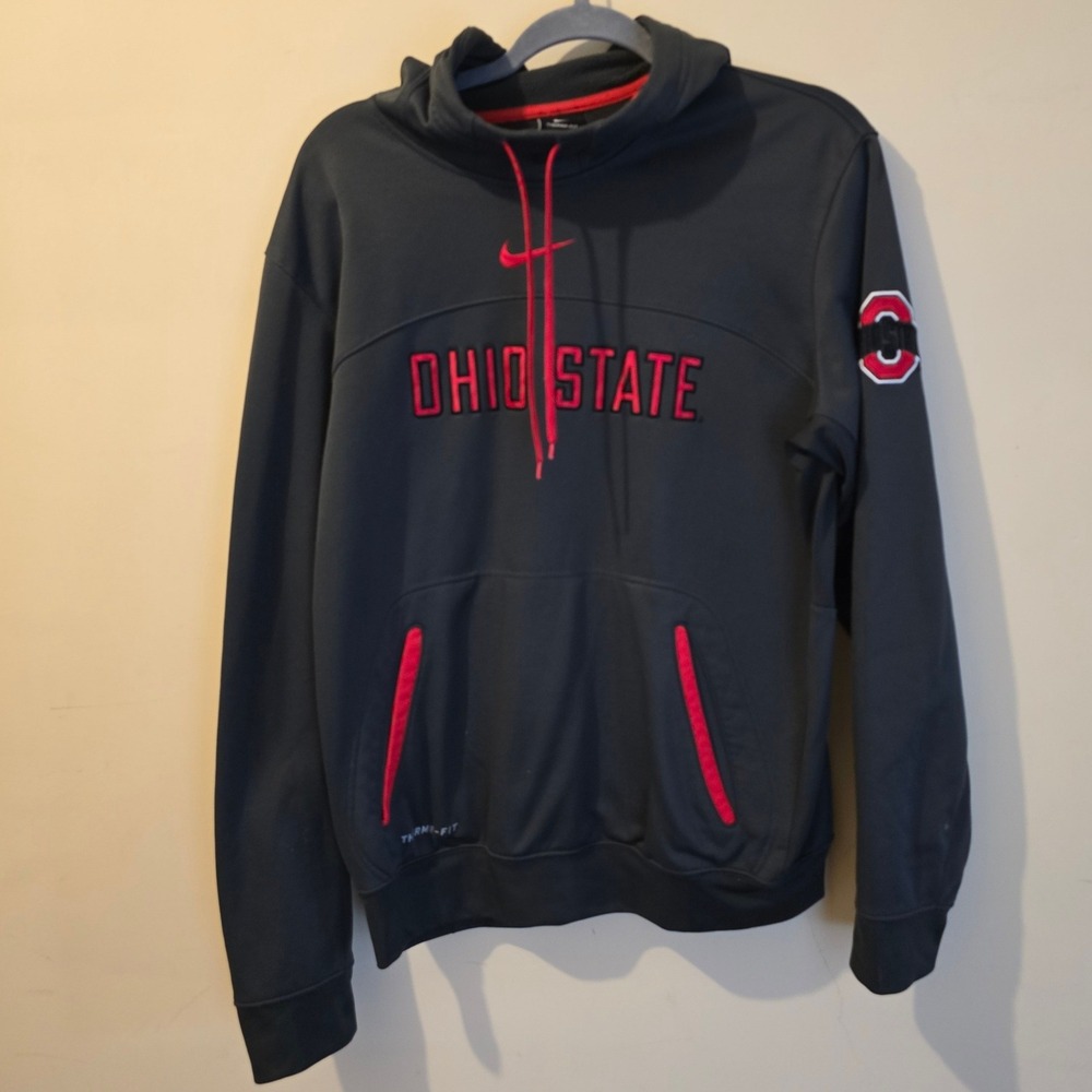 Nike Ohio State Hoodie Mens Medium Gray Red Therma-FIT Elite Buckeyes Sweatshirt